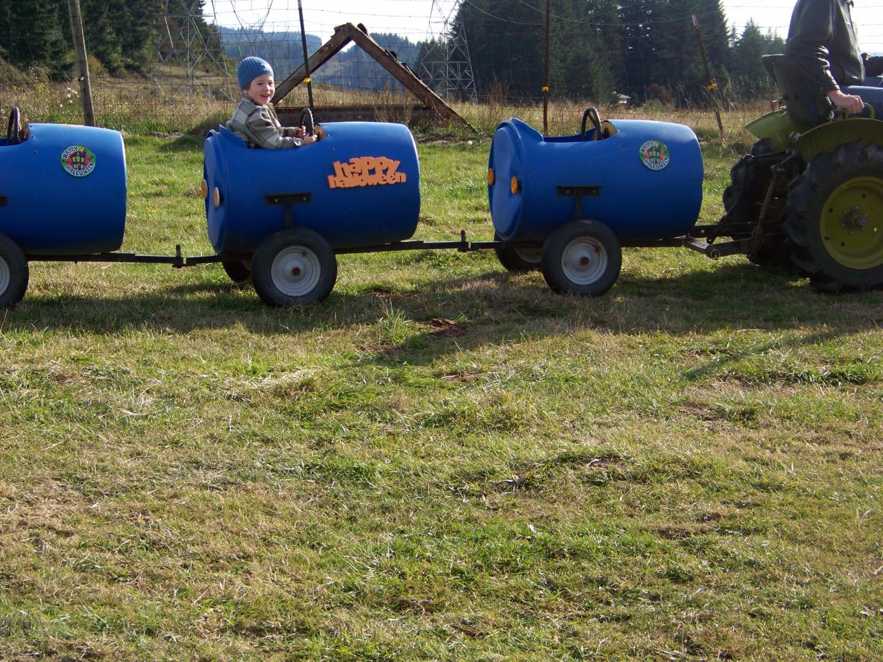 A child riding in the blue barrel train behind the tractor